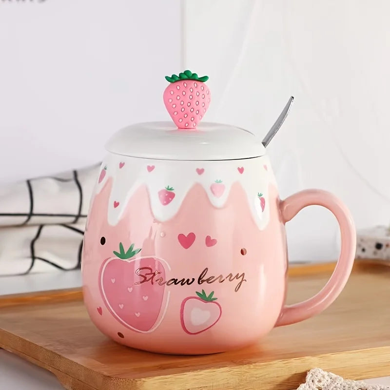 450ml Cravinc Strawberry Ceramic Cup with Lid & Spoon - Cute Gift, Easy to Clean