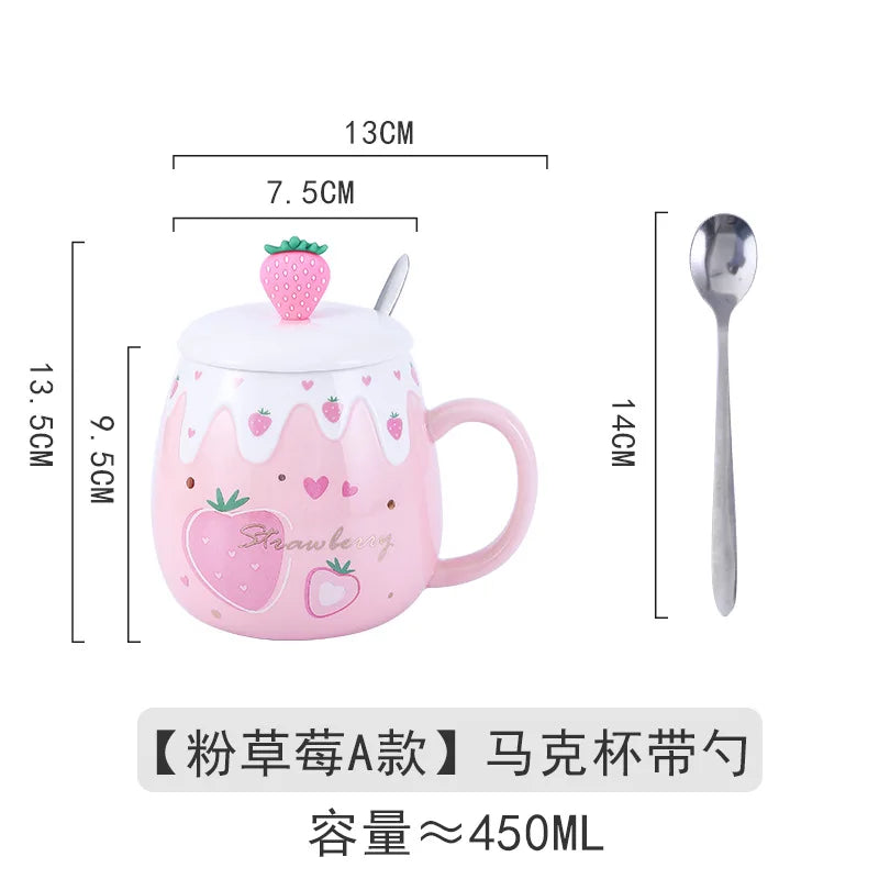 450ml Cravinc Strawberry Ceramic Cup with Lid & Spoon - Cute Gift, Easy to Clean