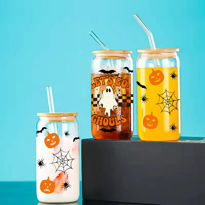 Cravinc 16oz Pumpkin Glass Cup with Bamboo Lid & Straw Heat-Resistant Halloween Gift