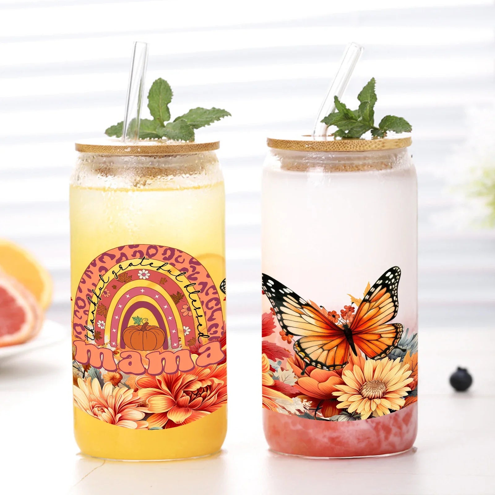 Cravinc 16oz Printed Glass Tumbler with Lid & Straw - Perfect Mother's Day & Thanksgiving Gift