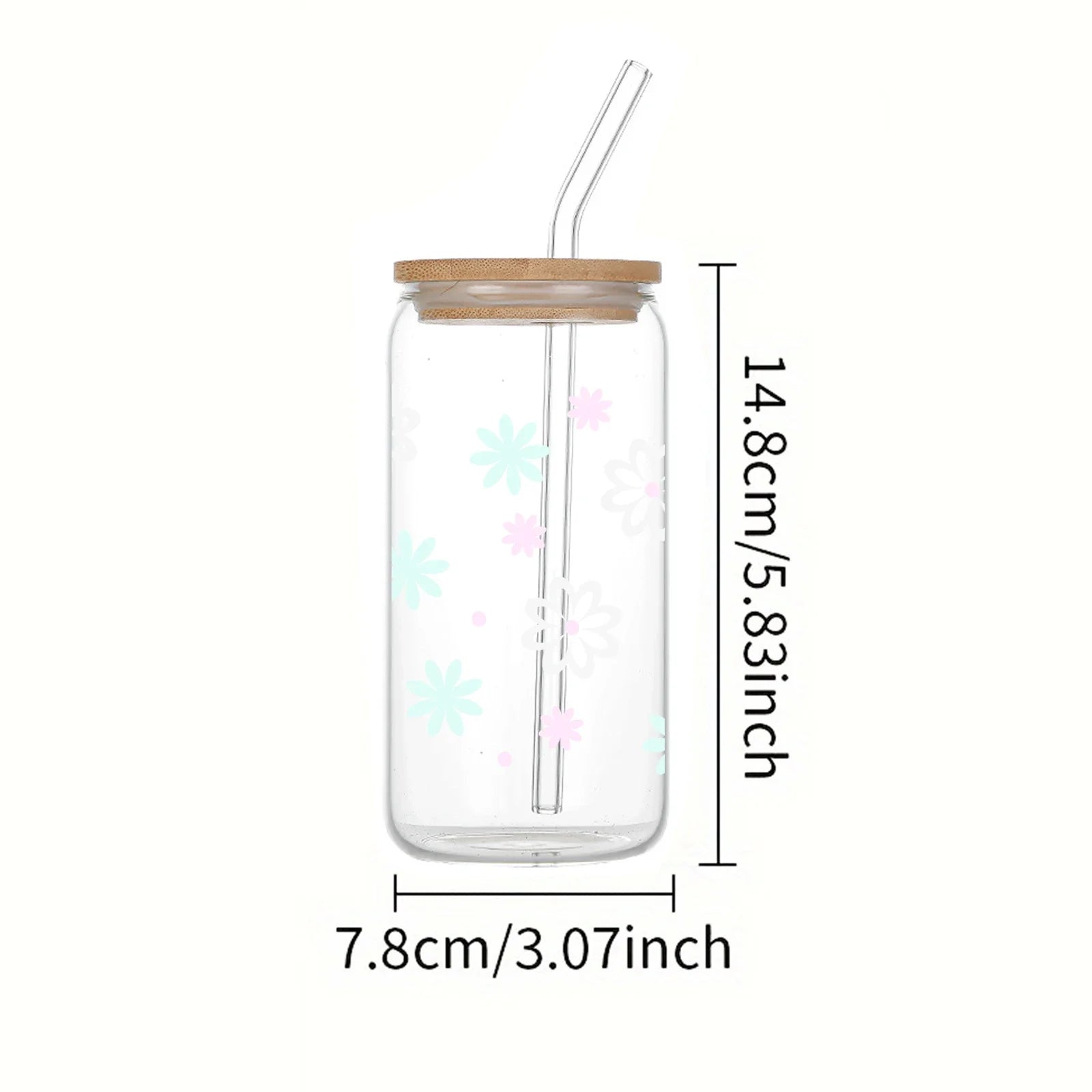 Clear Glass Bamboo Lid Straw Cup Light Flowers Style - Cravinc Juice Drinkware