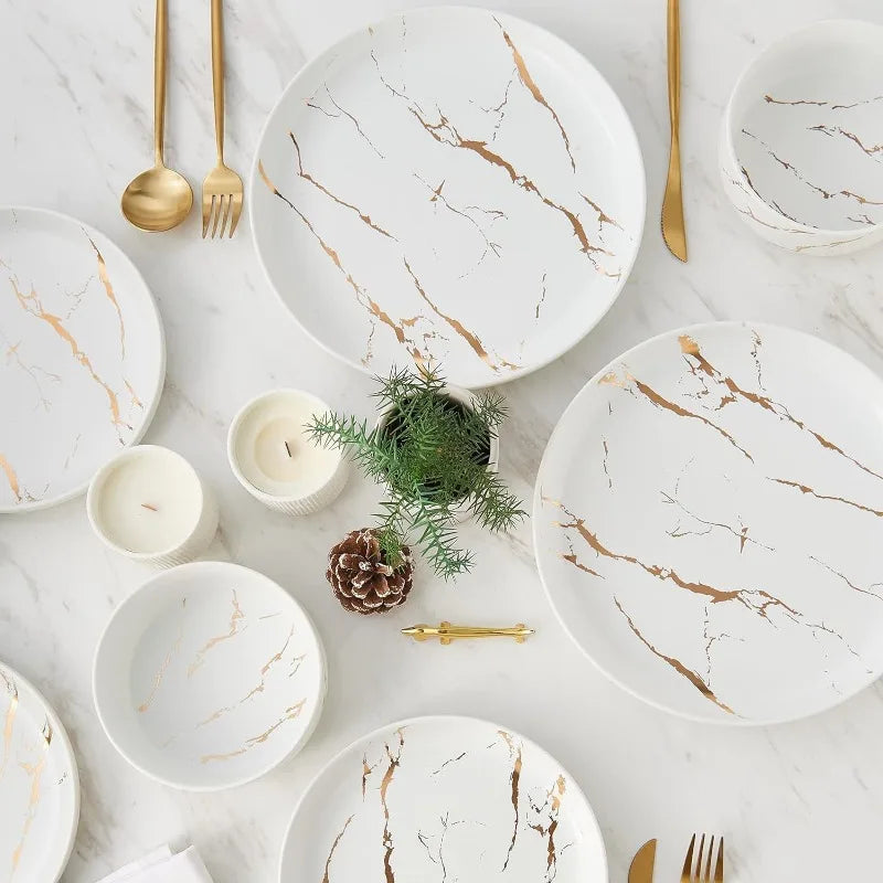 Cravinc 12-Piece Gold Splash Marble Porcelain Dinnerware Set for 4