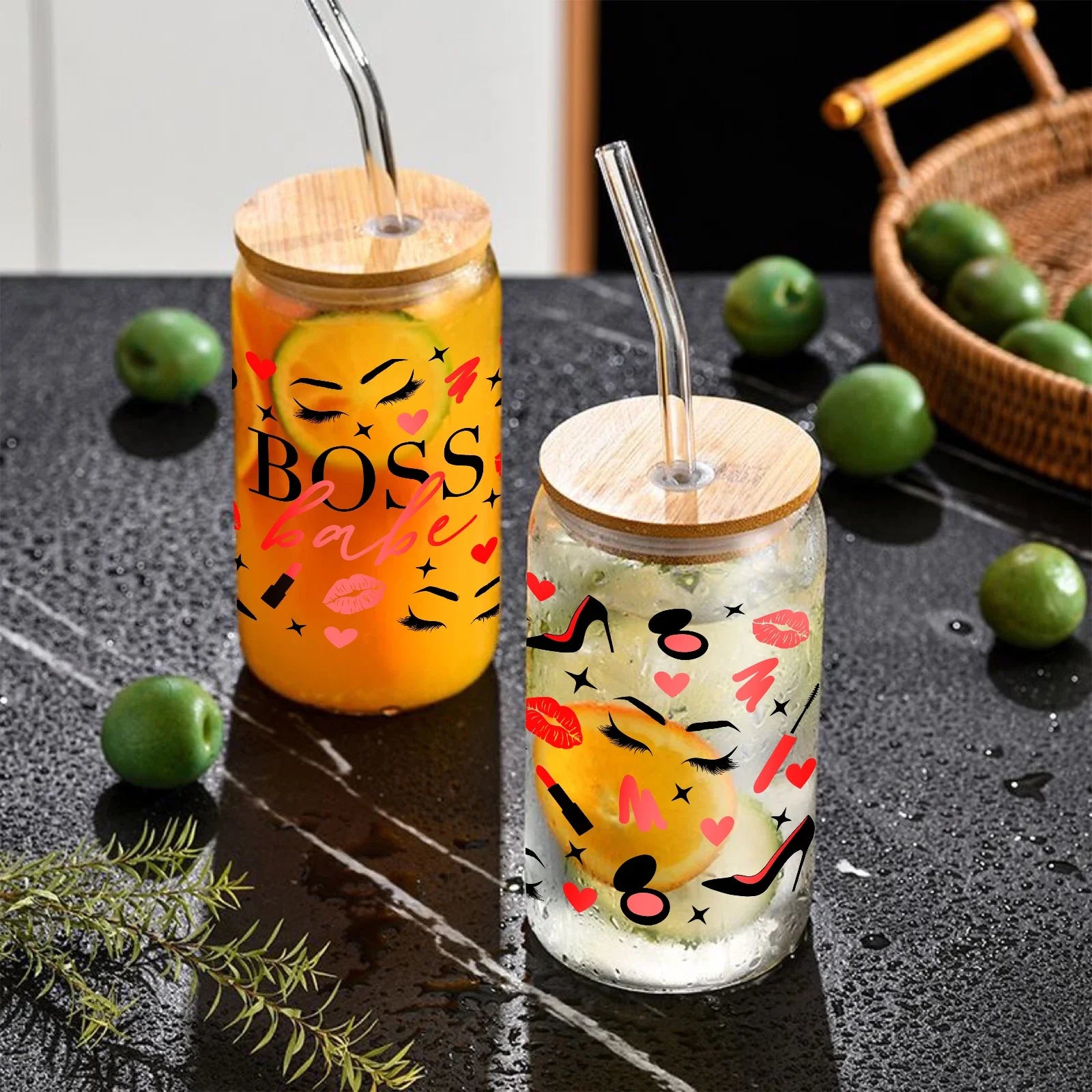 Cravinc 16oz Sublimation Glass Can with Bamboo Lid & Straw Drinkware