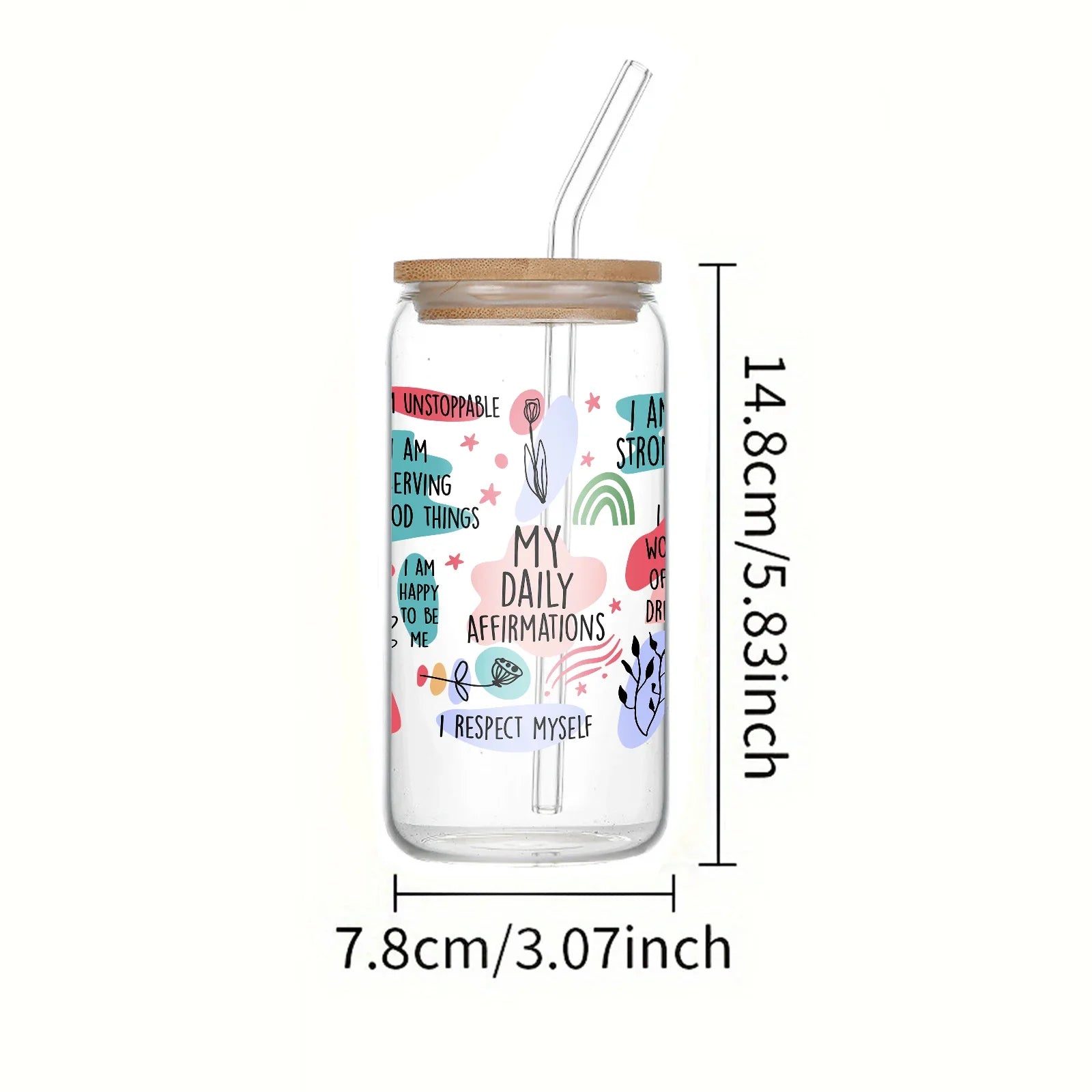 Cravinc 16oz Affirmations Glass Mason Jar with Bamboo Lid & Straw