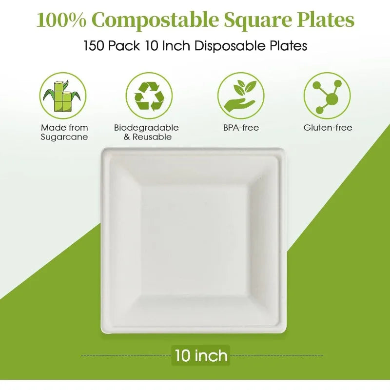 Cravinc 10-Inch Compostable Heavy Duty Square Paper Plates, 150 Pieces