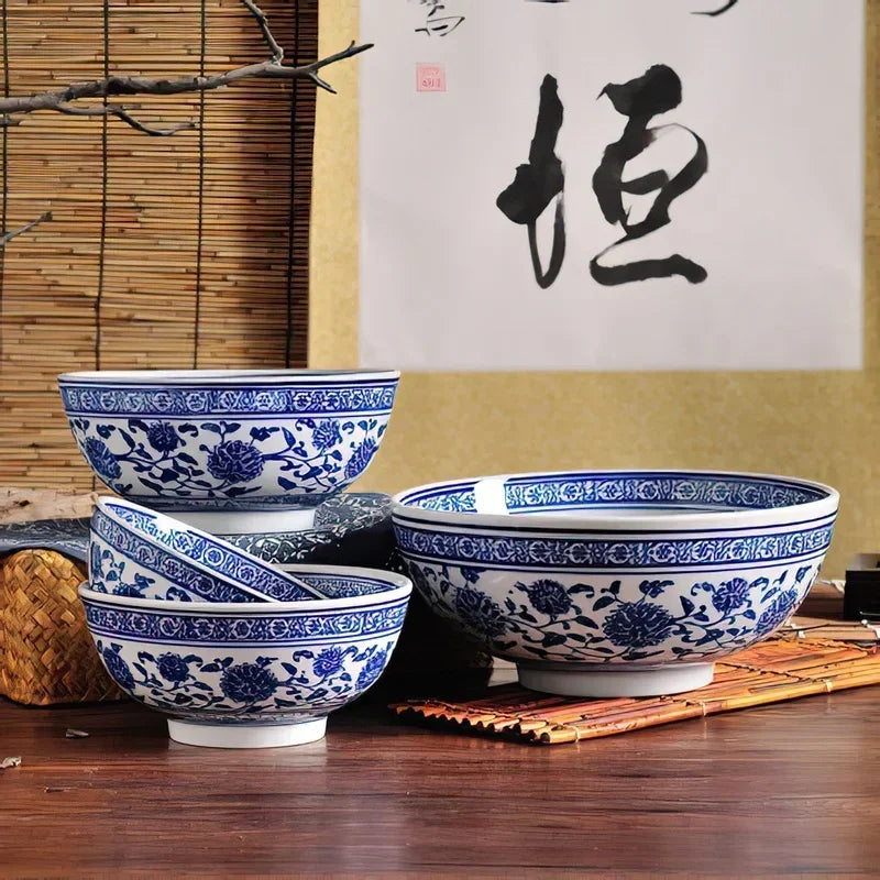 Cravinc 10-Inch Blue and White Porcelain Bowl, Japanese Bone Tableware