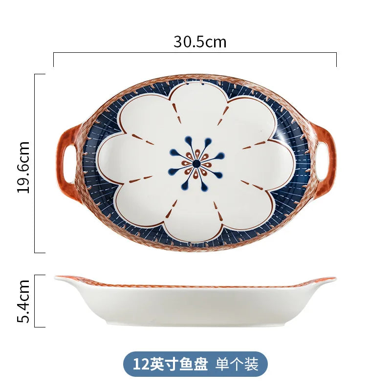 Cravinc 12-Inch Ceramic Double-Ear Fish Plate, Household Steamed Fish Dish, Large-capacity Tray