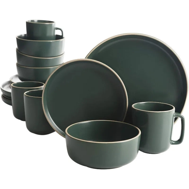 Cravinc 16-Piece Round Matte Stoneware Dinnerware Set for 4, Green