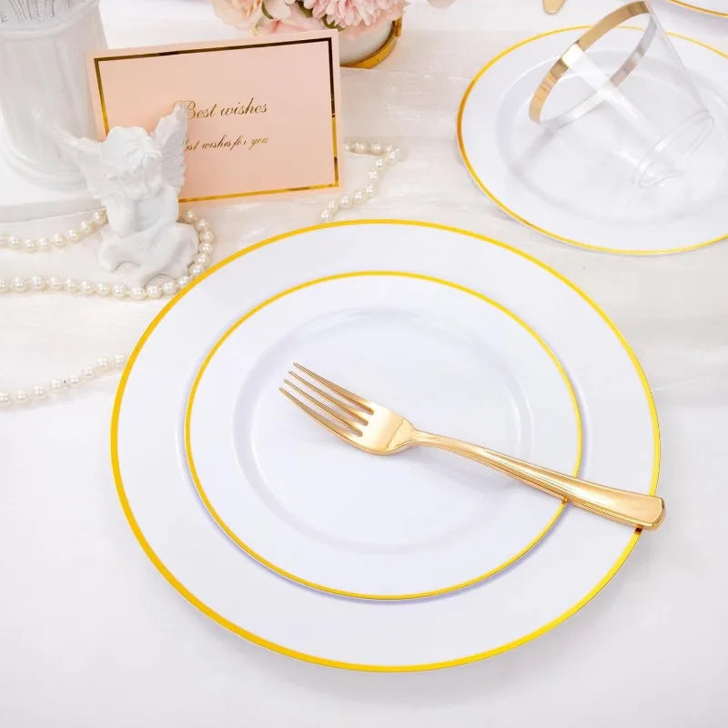 Clear & Gold Plastic Dinnerware Set for 50 Guests by Cravinc - Disposable Plates & Napkins