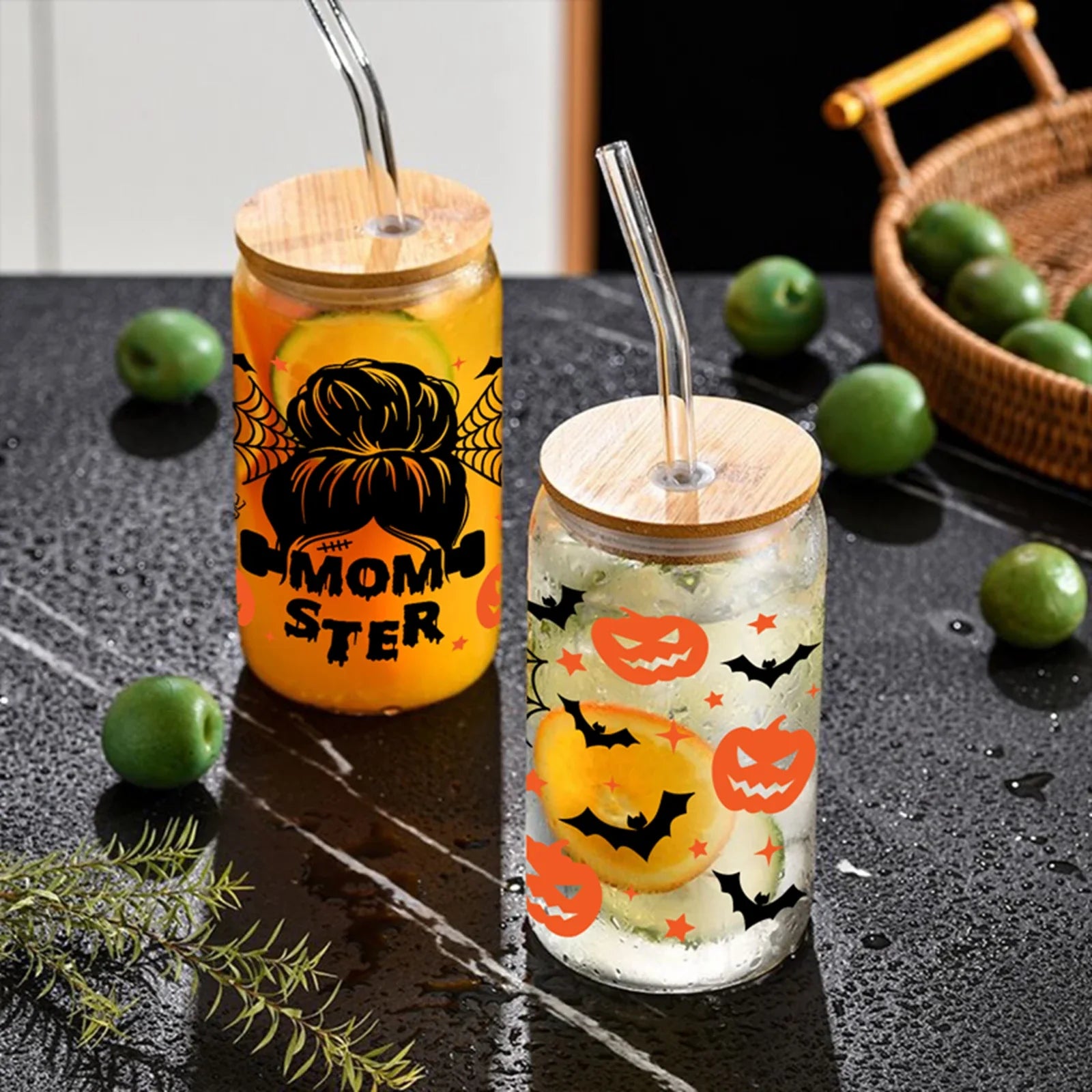 Cravinc 16oz Rose Skull Glass Water Cup with Bamboo Lid & Straw - Halloween Drinkware Gift