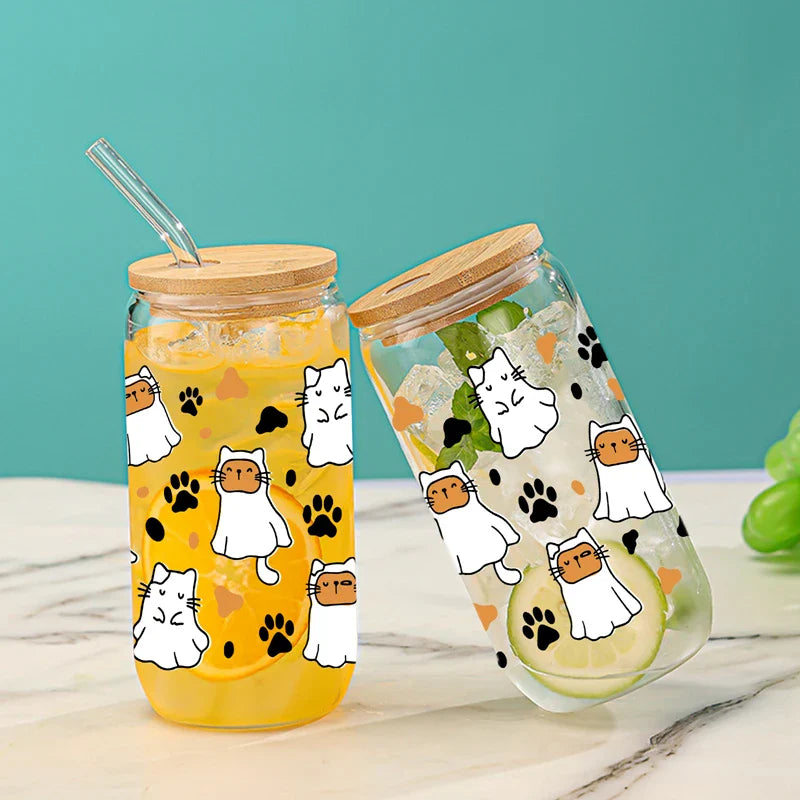 Cravinc 16oz Cute Cat Glass Mason Can with Bamboo Lid & Straw, Halloween Gifts