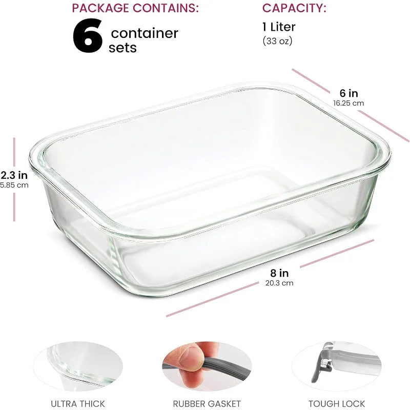 Cravinc 12-Piece Glass Food Storage Containers Set, 32oz Capacity - 100% Leakproof Hinged Locking Lids