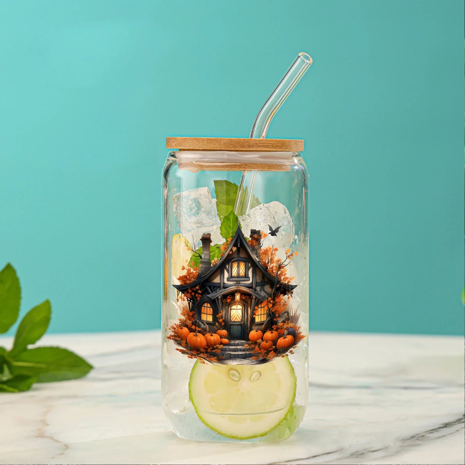 Cravinc 16oz Pumpkin House Glass Cup with Bamboo Lid & Glass Straw - Halloween Edition