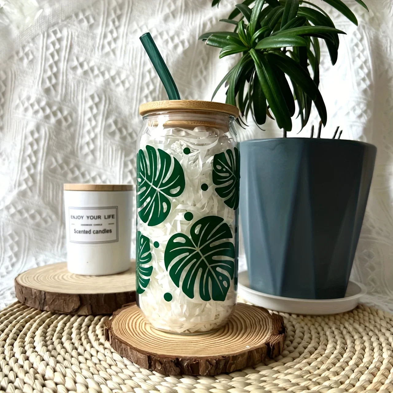 Cravinc 16oz Monstera Leaf Drinking Glass Set with Bamboo Lid and Straw, Perfect for Summerrowsing_office