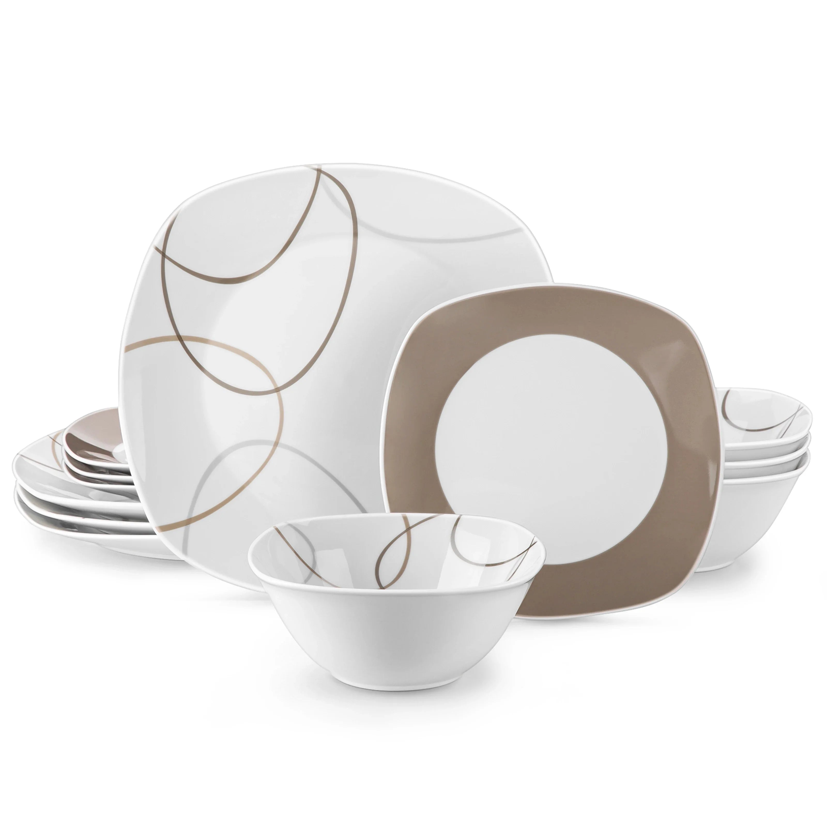 Cravinc 12/24-Piece White Porcelain Dinner Set with Brown Lines for 4/8