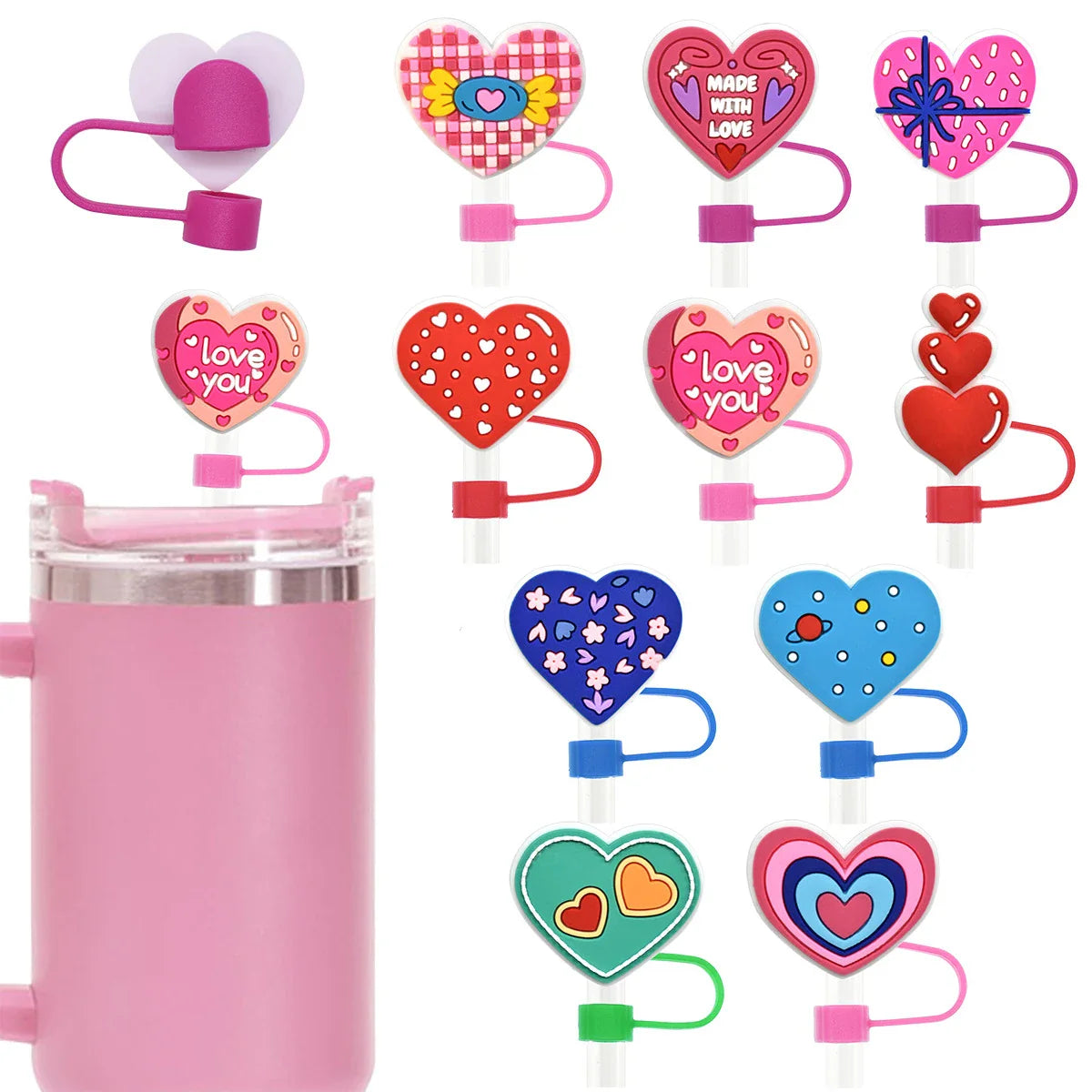 Cravinc 10pcs Valentine's Silicone Straw Cover Set for 10mm Straws