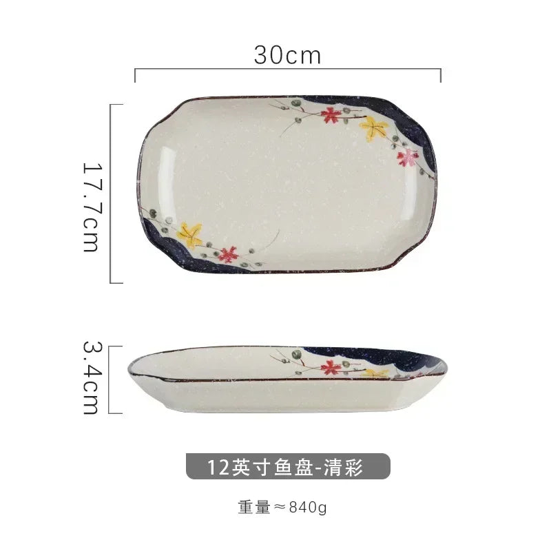 Cravinc 12 Inch Fish Plate, Japanese Underglaze Colored Ceramic Sushi Tableware