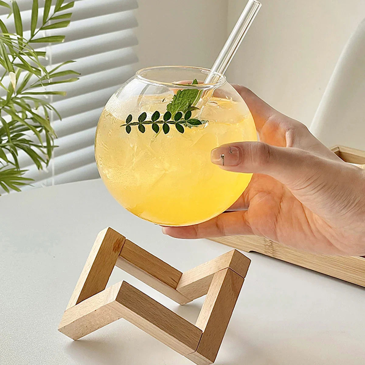 Cocktail Glass Cup Set by Cravinc – Bar Glassware with Wood Stand – Moon Juice Tumbler