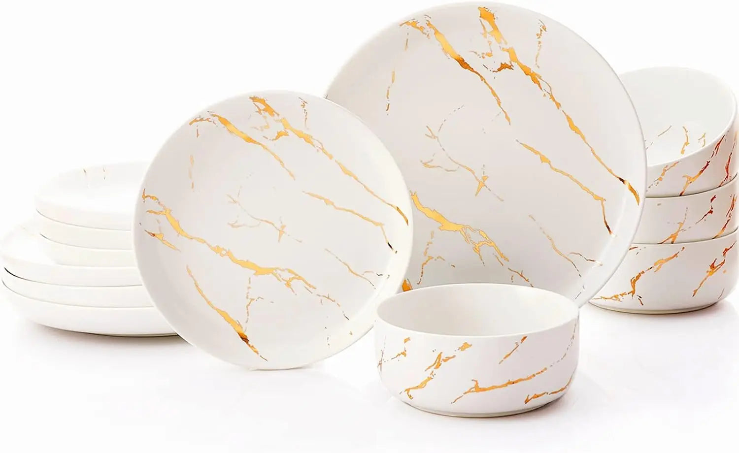 Cravinc 12-Piece Gold Splash Marble Porcelain Dinnerware Set for 4