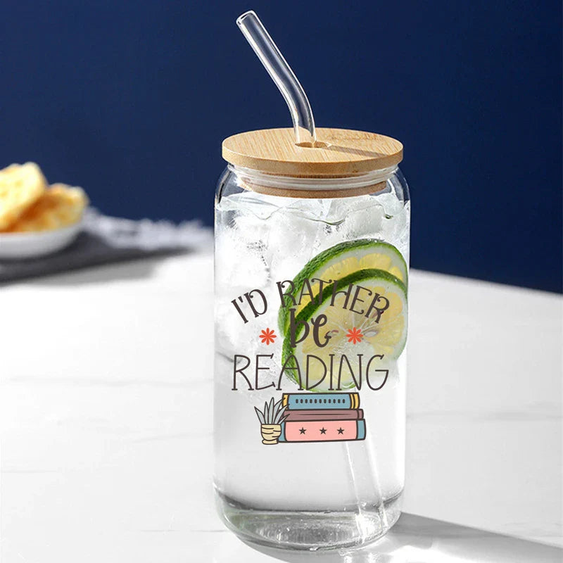 Cravinc 16oz Glass Can with Lid and Straw - Library Lover's Summer Cup