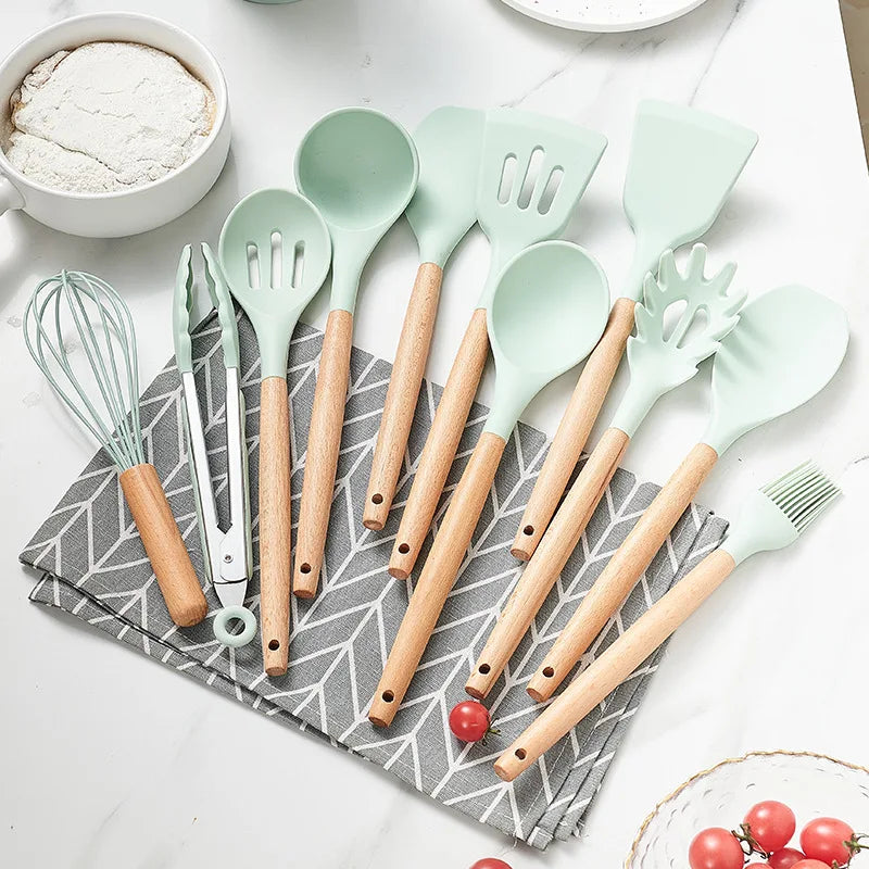 Cravinc 12-Piece Silicone Kitchen Utensils Set with Wooden Handles