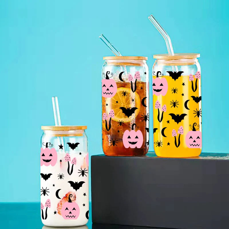 Cravinc 16oz Pink Pumpkin Glass Cup with Bamboo Lid & Straw - Heat-Resistant Juice Coffee Glass Can