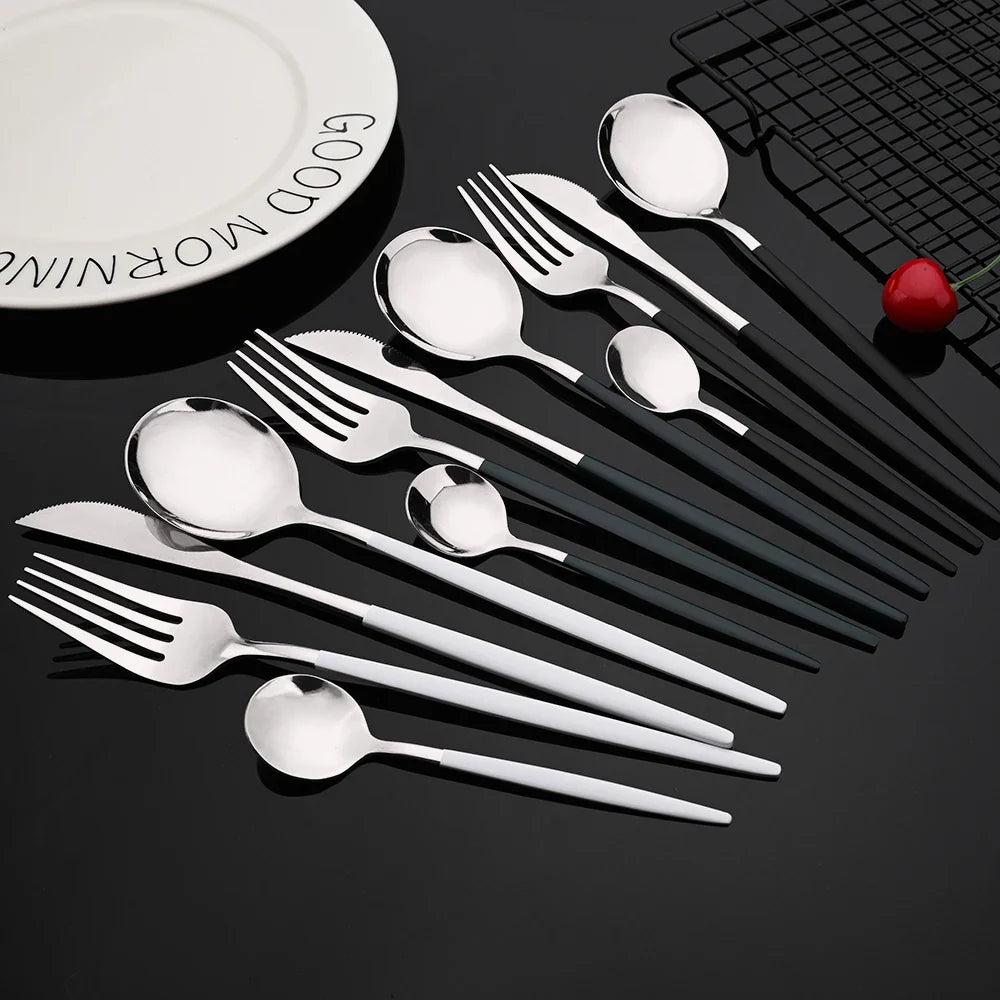 Cravinc 16-Piece Red Silver Stainless Steel Cutlery Set Fork Knife Spoon Dinnerware