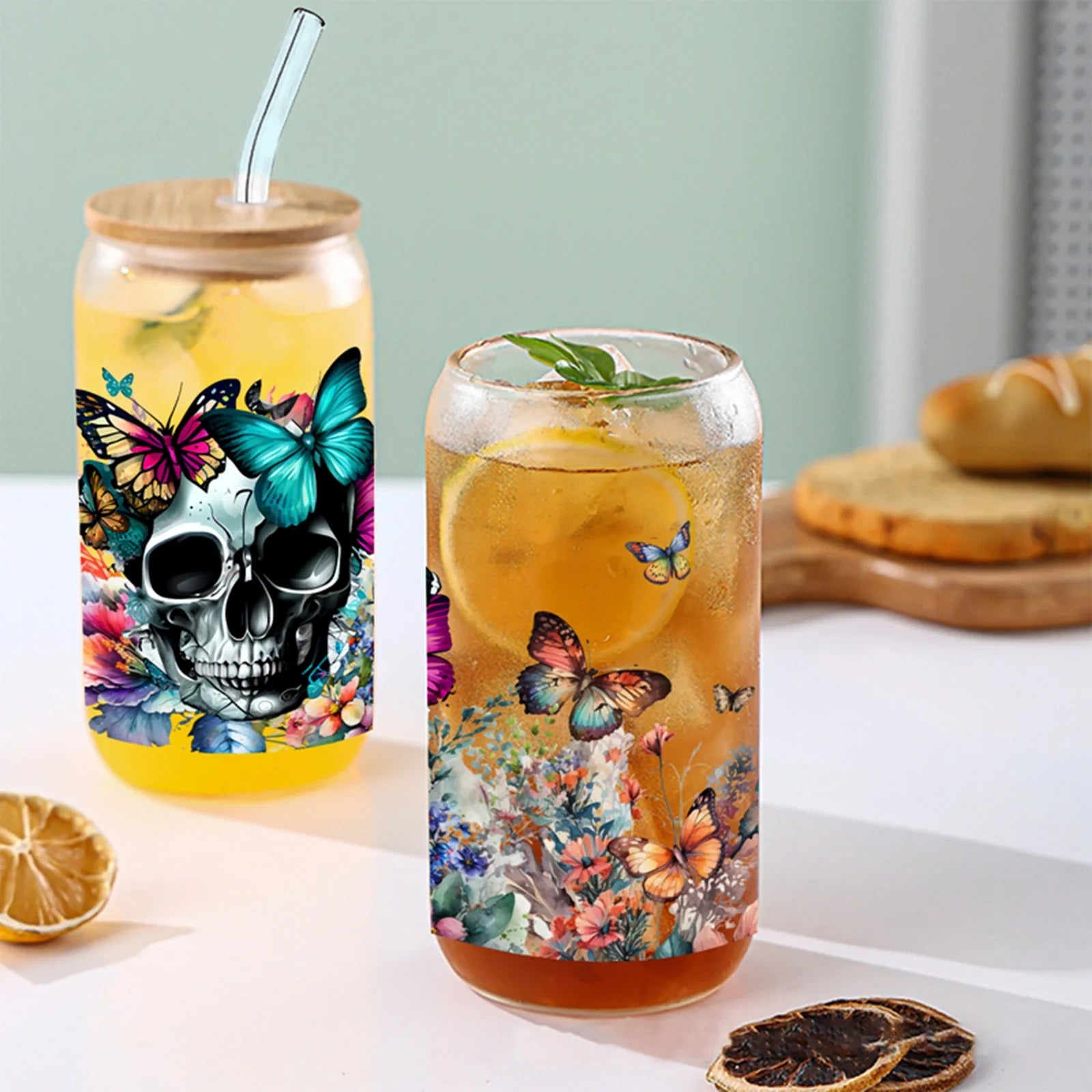 Cravinc 16oz Butterfly Skull Glass with Bamboo Lid & Straw - Halloween Drinkware