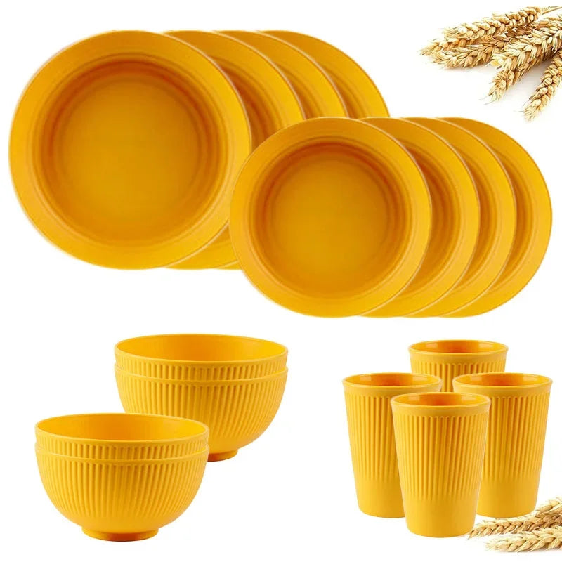 Cravinc 16-Piece Wheat Straw Cutlery & Dinnerware Set for Picnics & Camping