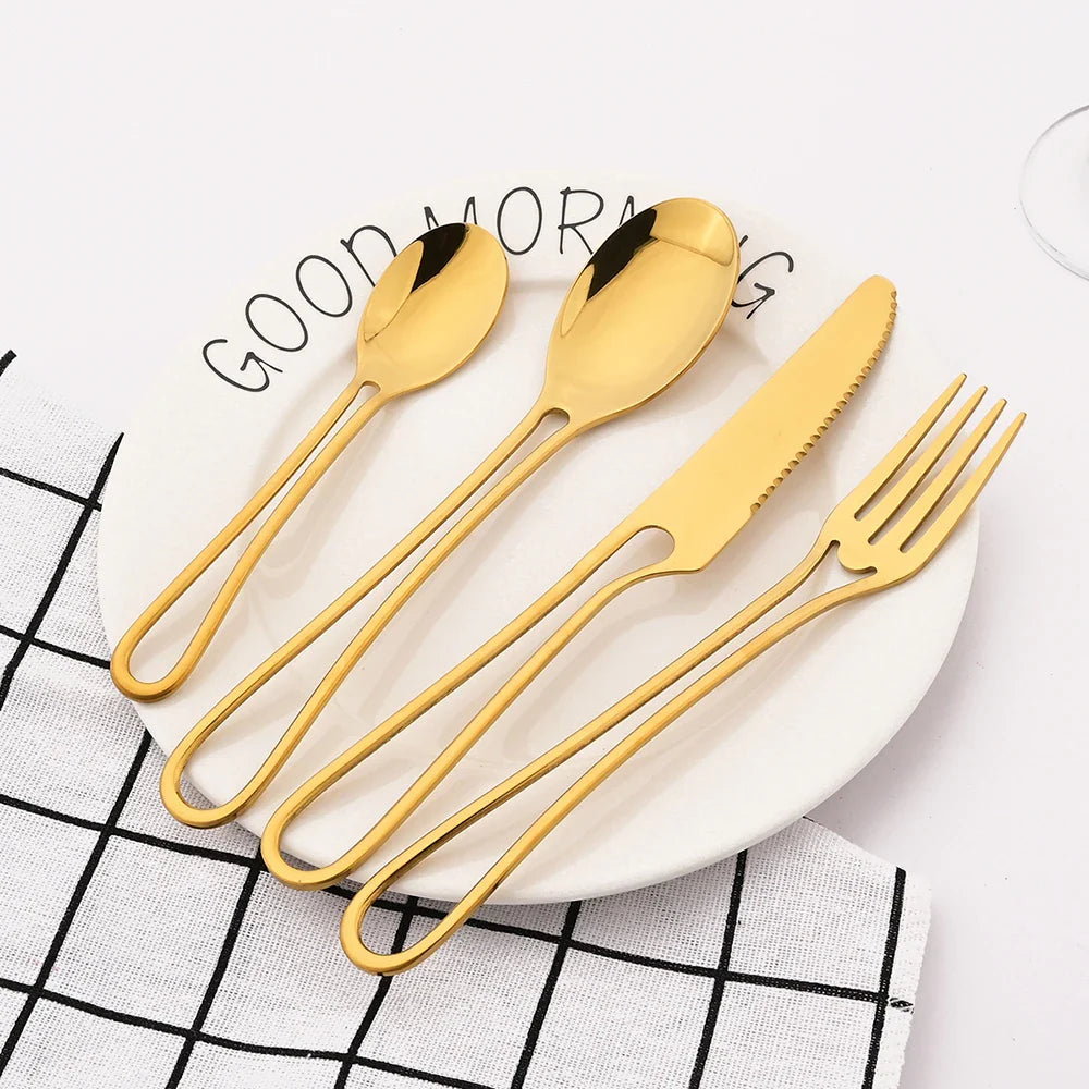 Cravinc 16-Piece Gold Cutlery Set with Hollowed Out Handle