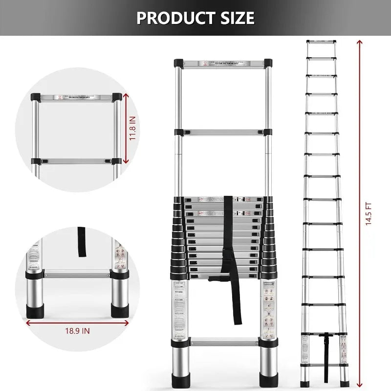 Cravinc 14.5FT Aluminum Telescopic Ladder Multi-Use Non-Slip Folding Extension Step Ladder