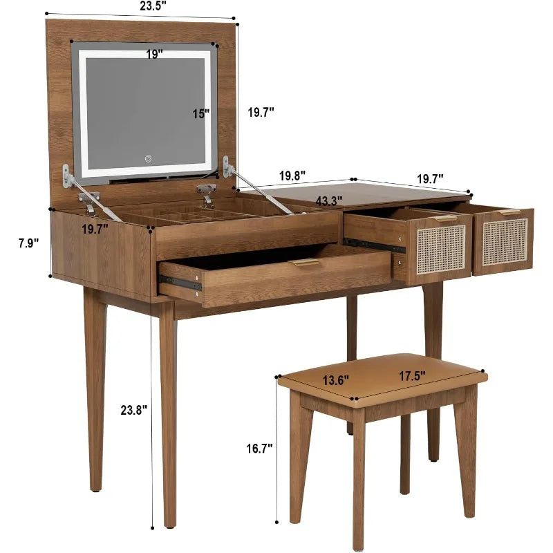 Brown 3-Drawer Vanity Set by Cravinc: Dresser, Mirror Desk, Makeup Table, Stool