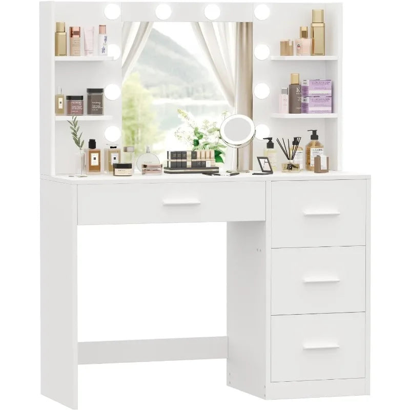 Cravinc  Vanity Desk with LED Lights, 4 Drawers & 6 Shelves