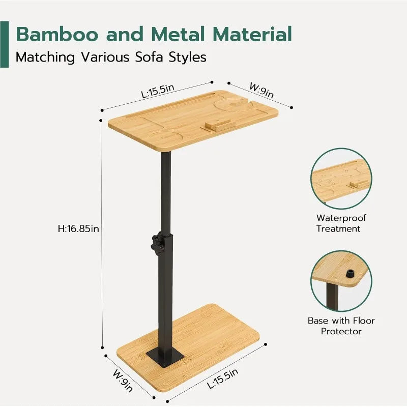 Bamboo C-Shaped End Table with 360° Rotating Phone Holder, Adjustable Height TV Trays