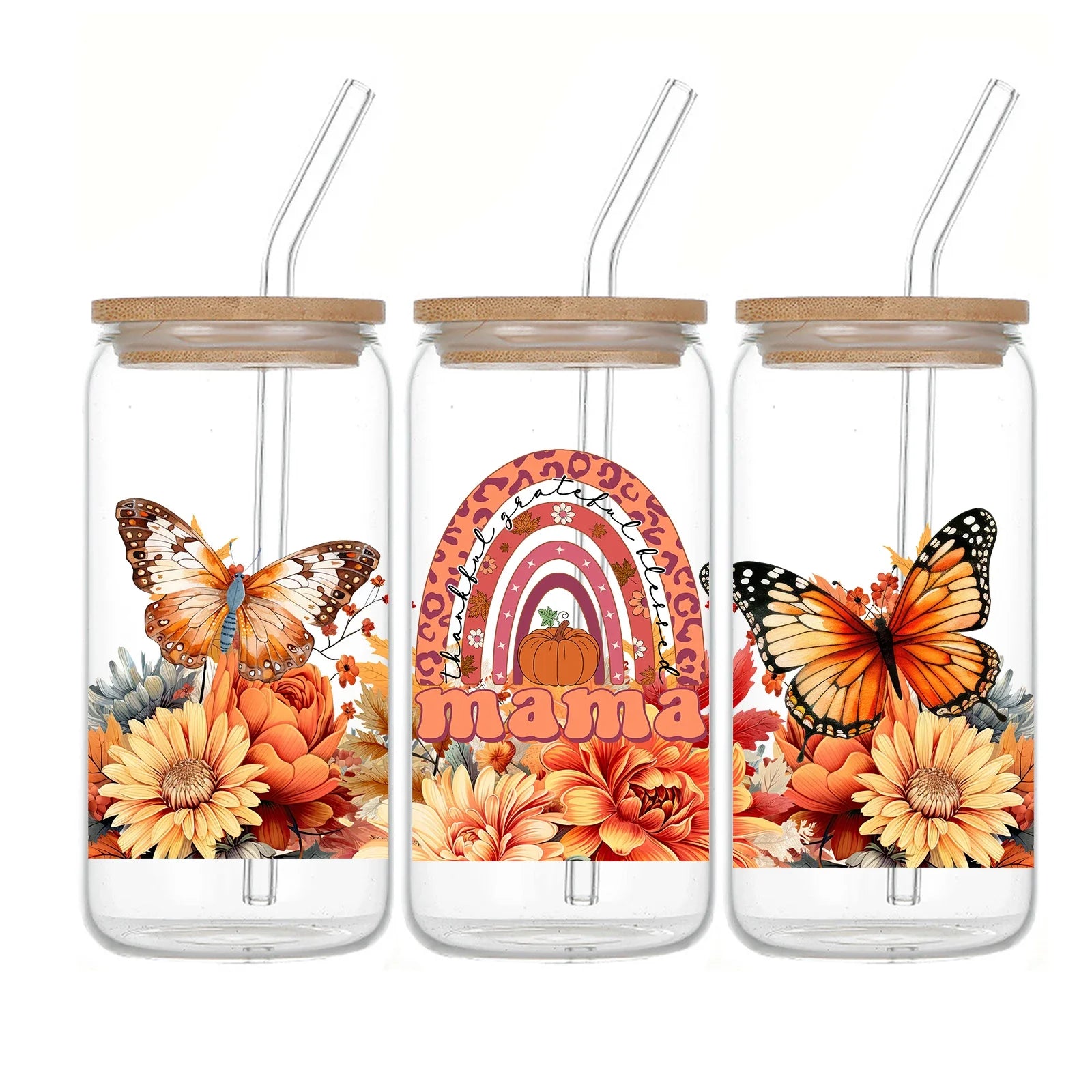 Cravinc 16oz Printed Glass Tumbler with Lid & Straw - Perfect Mother's Day & Thanksgiving Gift