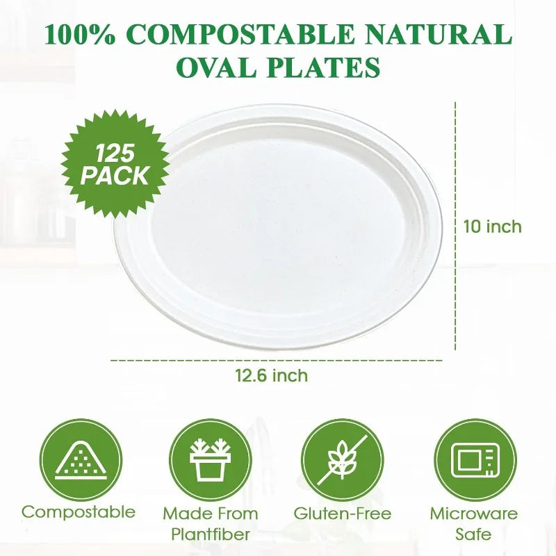 Cravinc 12 inch Oval Paper Plates 125 Pack - Super Strong & 100% Compostable