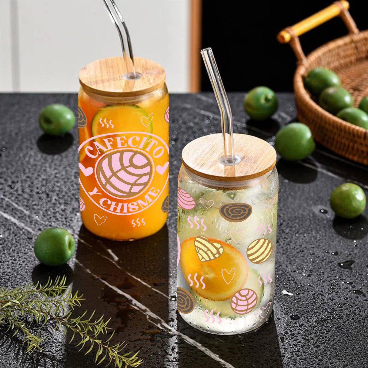 Cravinc 16oz Sublimation Glass Bottle with Bamboo Lid & Straw: Cute Printed Drinkware