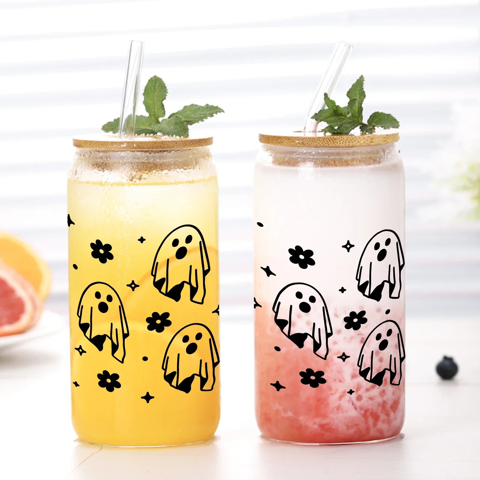 Cravinc 16oz Ghost Glass Drinkware Set with Lid, Straw - Halloween Gift