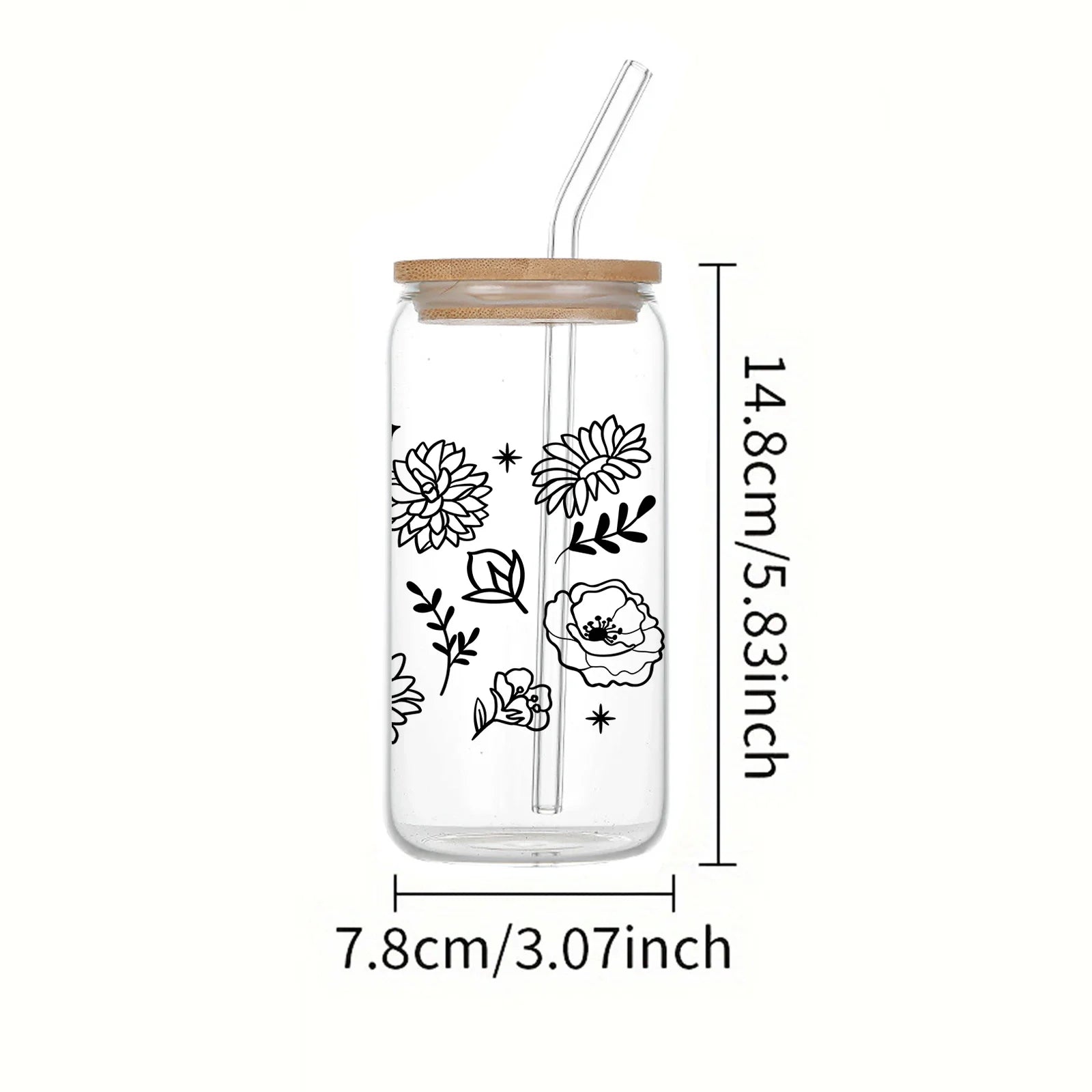 Cravinc 16oz Clear Glass Can with Bamboo Lid and Straw - Black Flowers - Hot/Cold Drinks