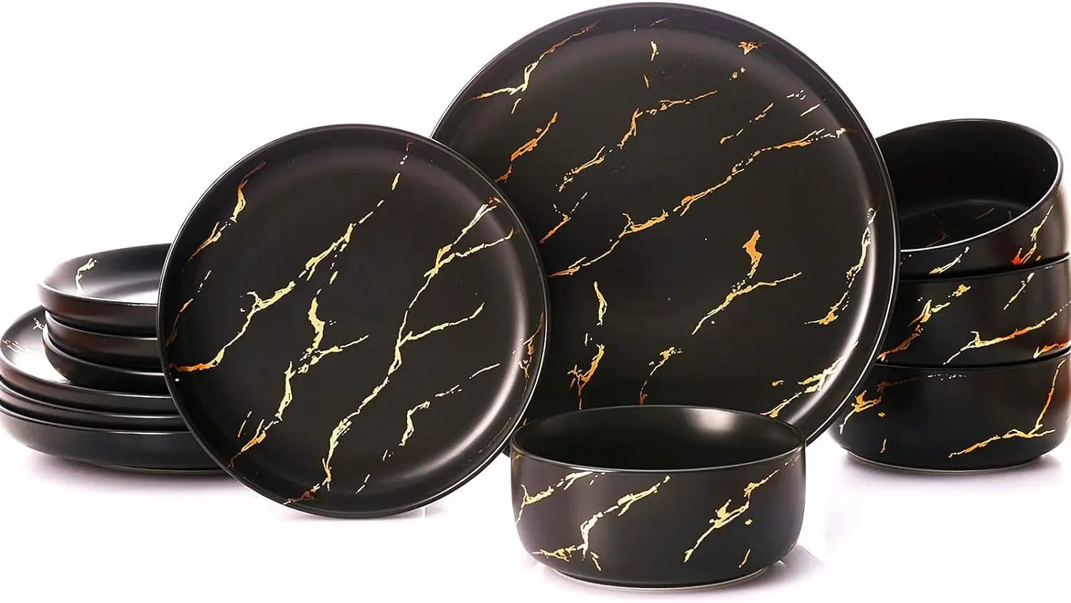 Cravinc 12-Piece Gold Splash Marble Porcelain Dinnerware Set for 4