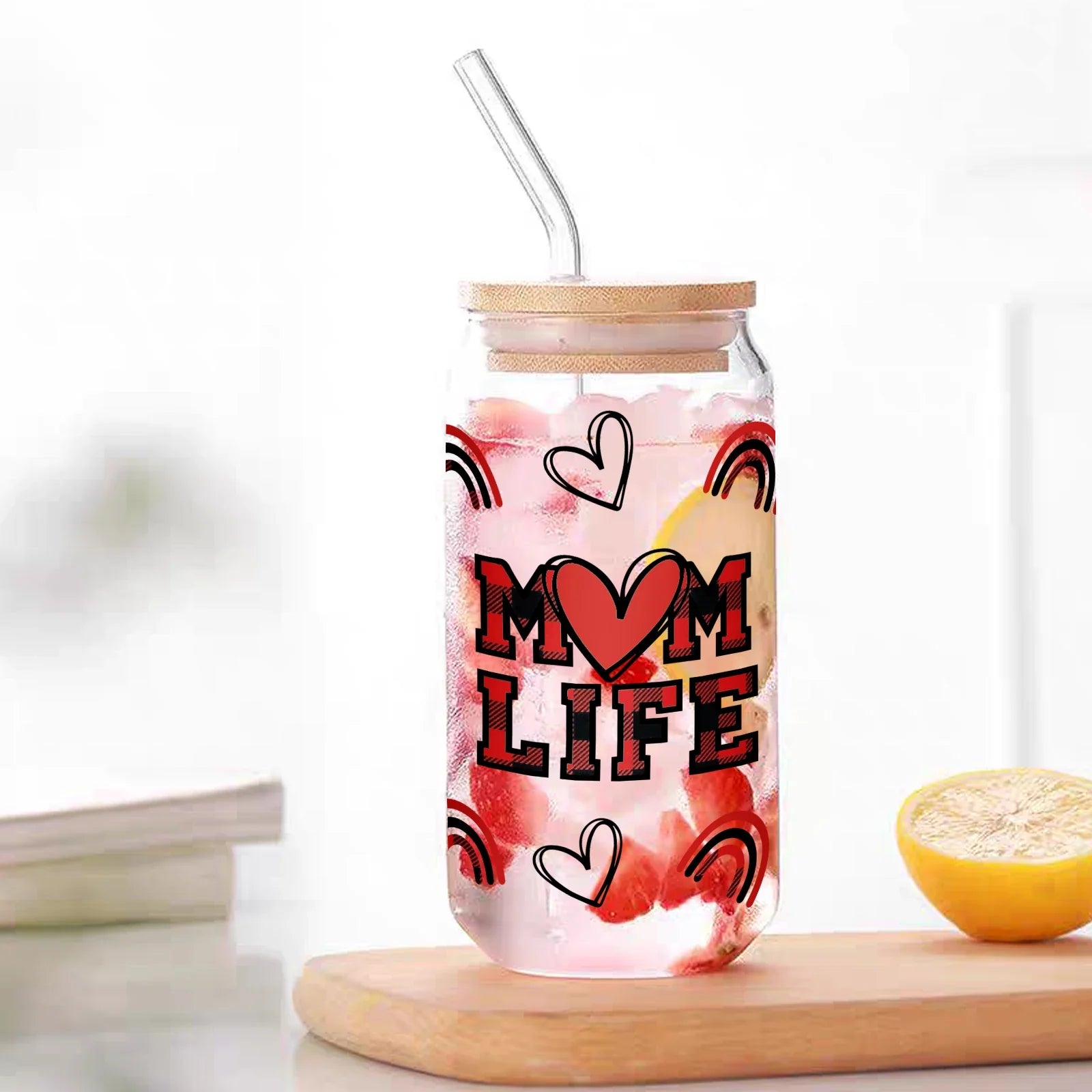 Cravinc 16oz Sublimation Glass Can with Bamboo Lid & Straw - Mother's Day Gift