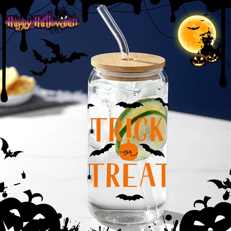 Cravinc 16oz Trick Or Treat Glass Cup Bamboo Lid&Straw