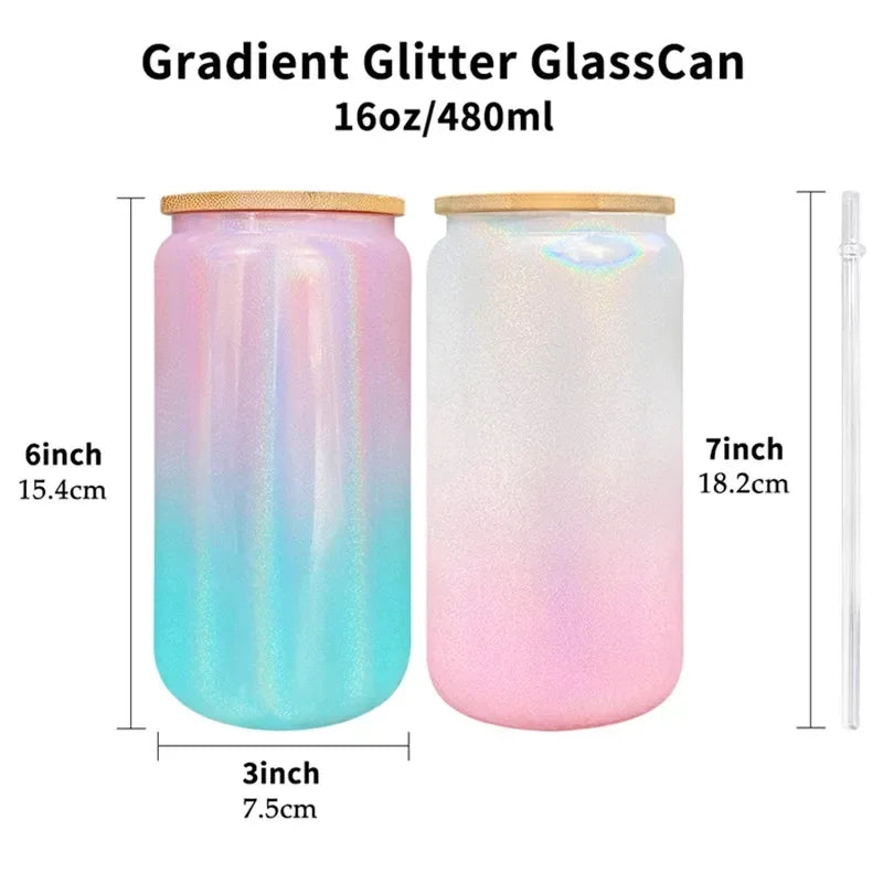 Cravinc 16oz Glitter Glass Tumbler with Bamboo Lid and Straw - Shimmer Beer Mug