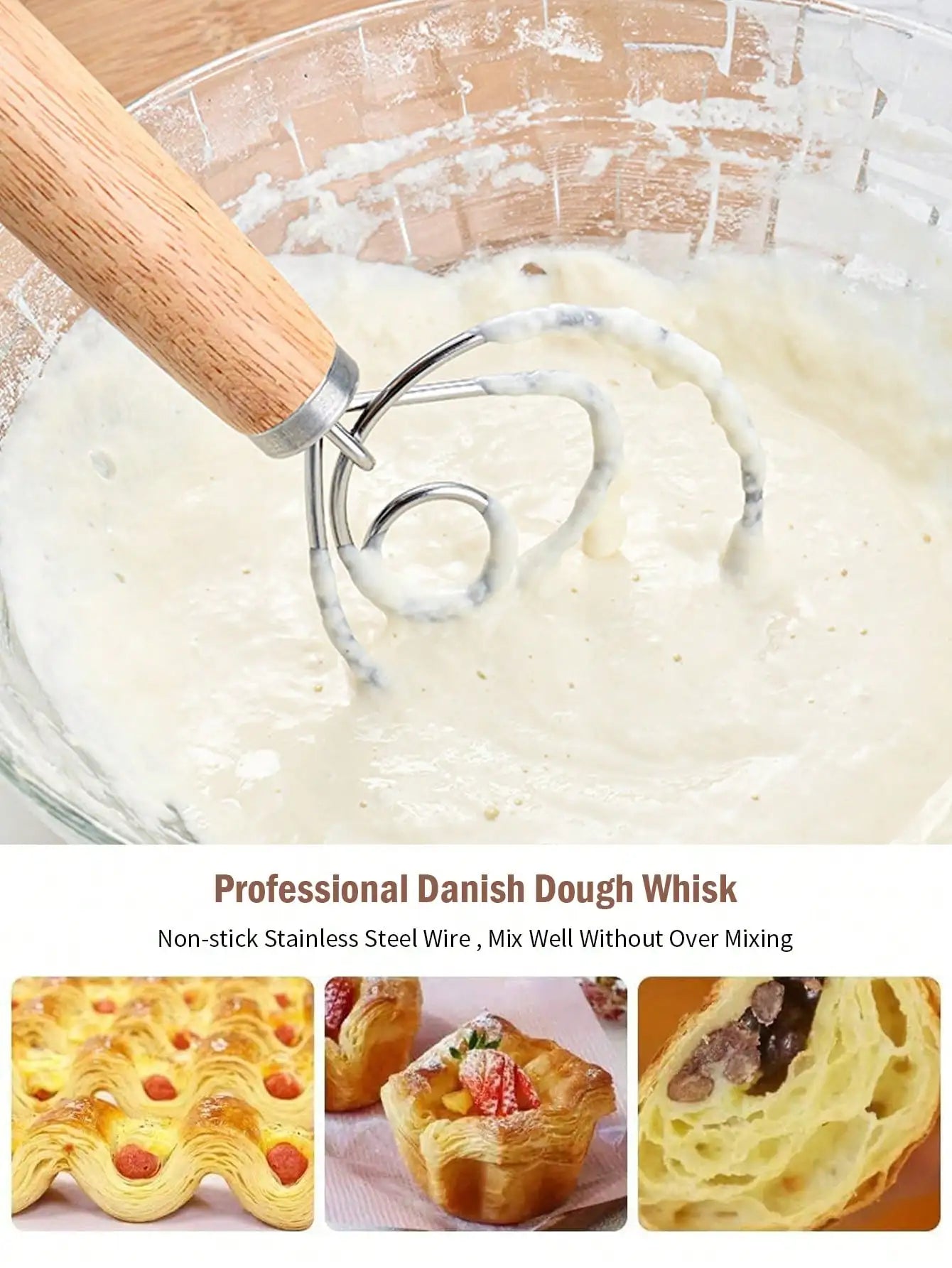 Cravinc 13" Danish Dough Whisk with Wooden Handle - Stainless Steel Bread Mixer