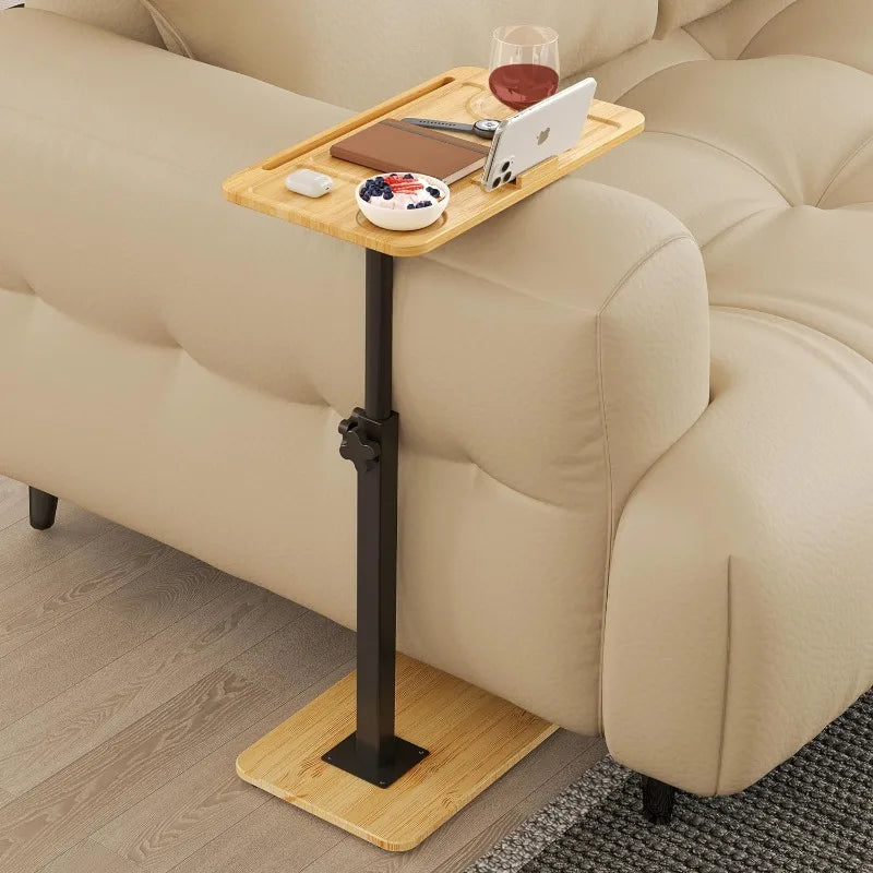 Bamboo C-Shaped End Table with 360° Rotating Phone Holder, Adjustable Height TV Trays