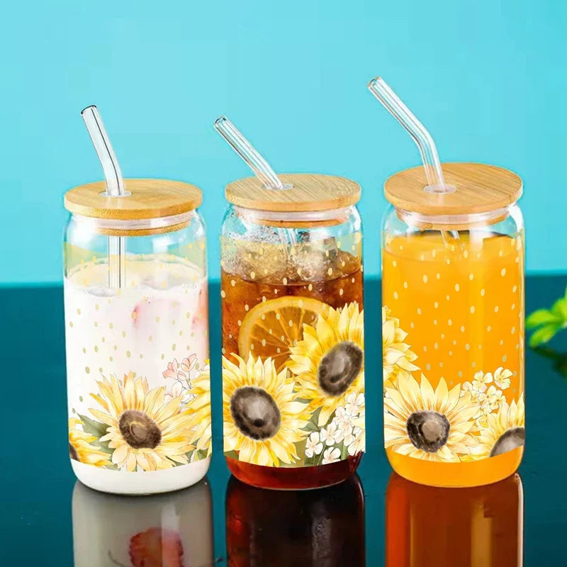 Cravinc 16oz Sunflower Glass Mason Jar with Bamboo Lid & Straw