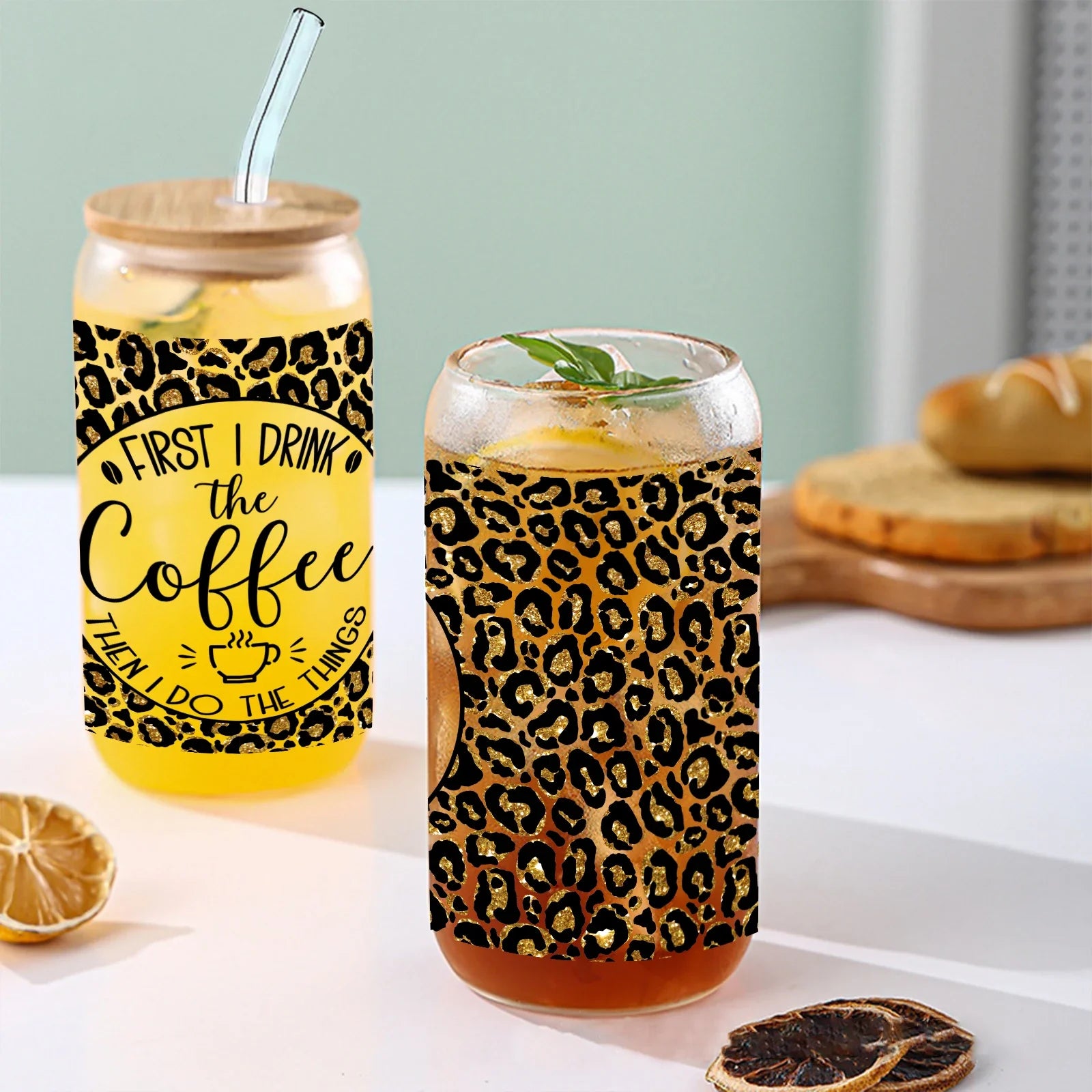 Cravinc 16oz Leopard Print Glass Bottle with Bamboo Lid & Straw - Summer Drinkware