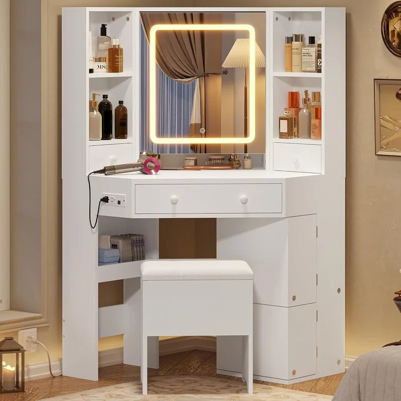 Corner Vanity Desk with Lights and Charging Station by Cravinc, Makeup Vanity Set with Mirror and Storage Stool