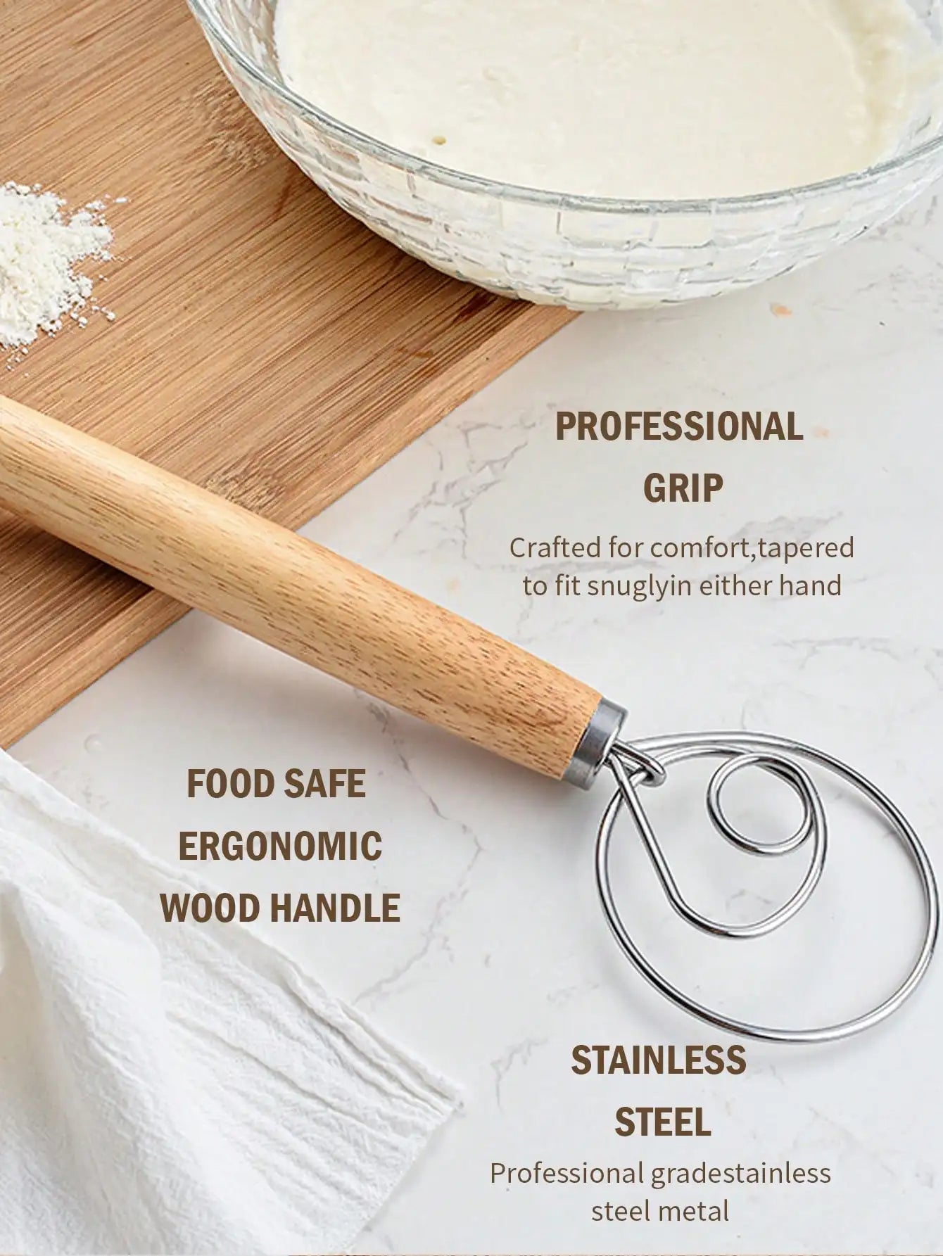 Cravinc 13" Danish Dough Whisk with Wooden Handle - Stainless Steel Bread Mixer