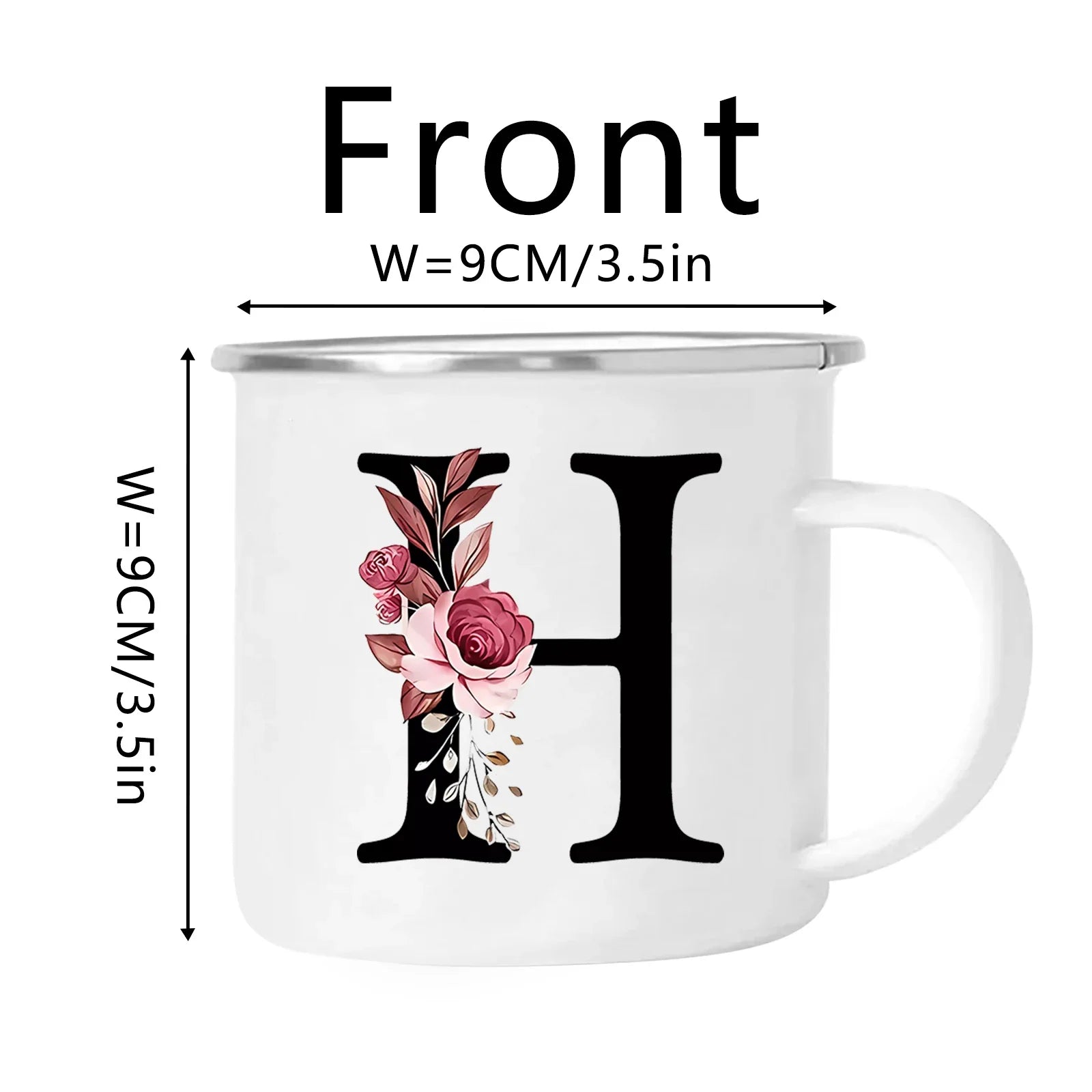 Cravinc 12oz Floral Letters Enamel Coffee Mug with Handle for Camping and Travel